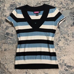 Y2K Say What 90s Vtg Blue White Blk Striped Short Sleeve Sweater 2000s Preppy M
